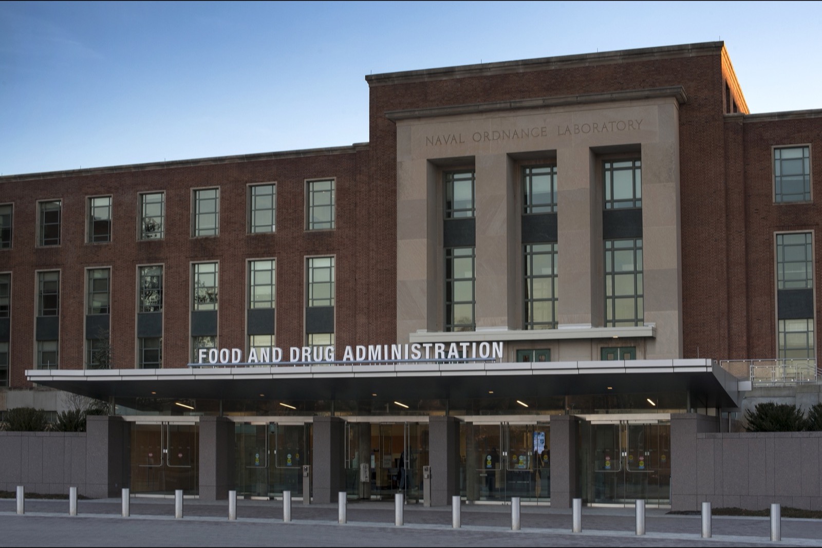 The Food and Drug Administration sign across the entrance of the agency's headquarters building