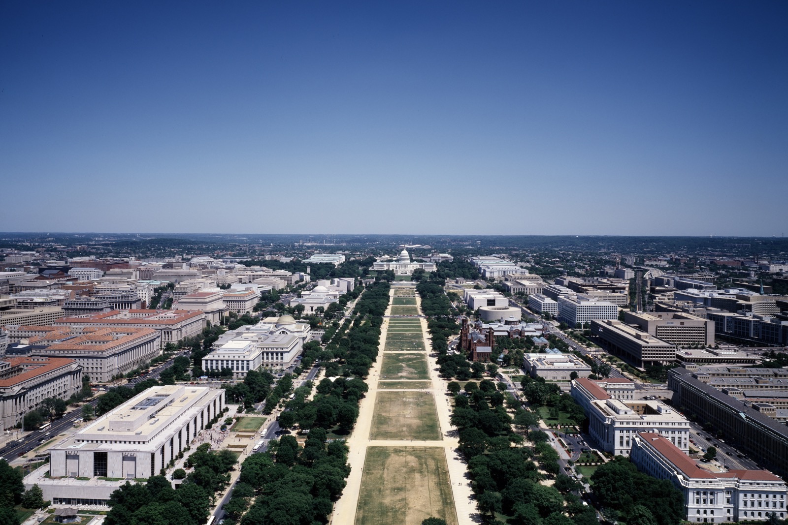 Aerial view down the National Mall toward the US Capitol in Washington, DC