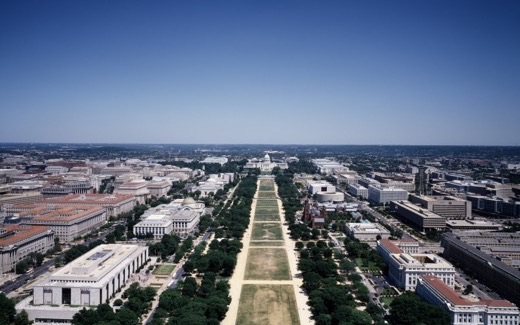 Aerial view down the National Mall toward the US Capitol in Washington, DC