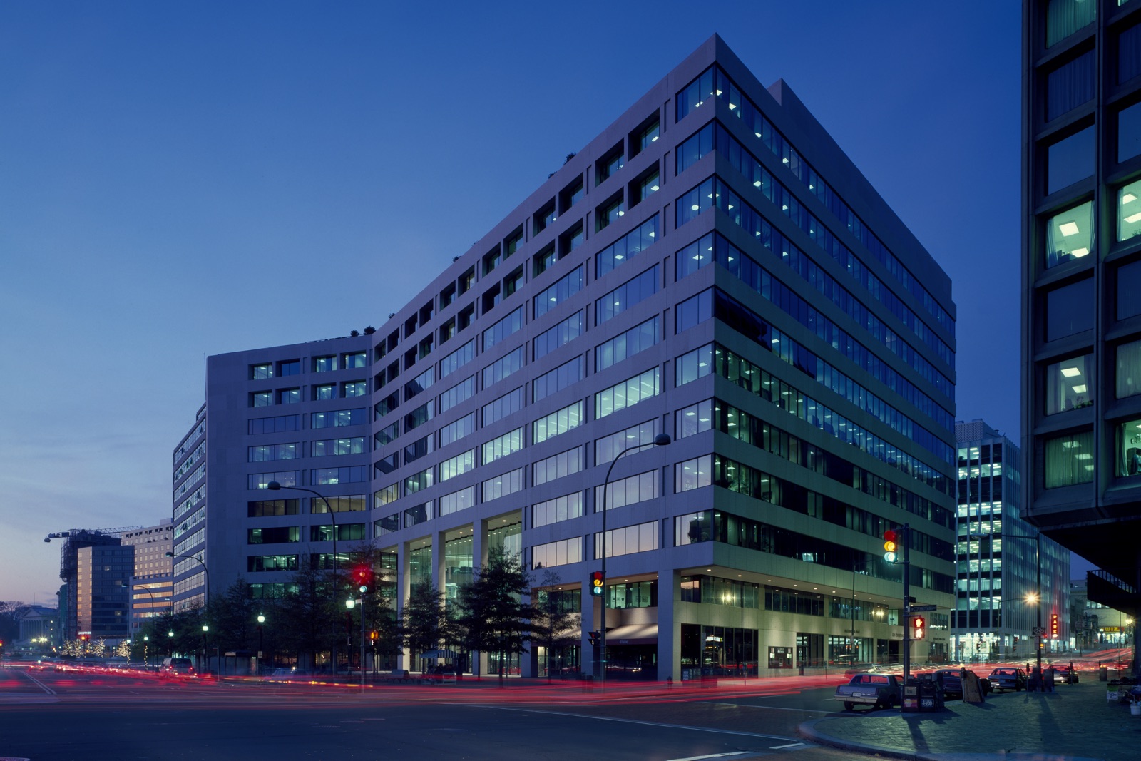 Office buildings at dusk on Pennsylvania Avenue in downtown Washington, DC