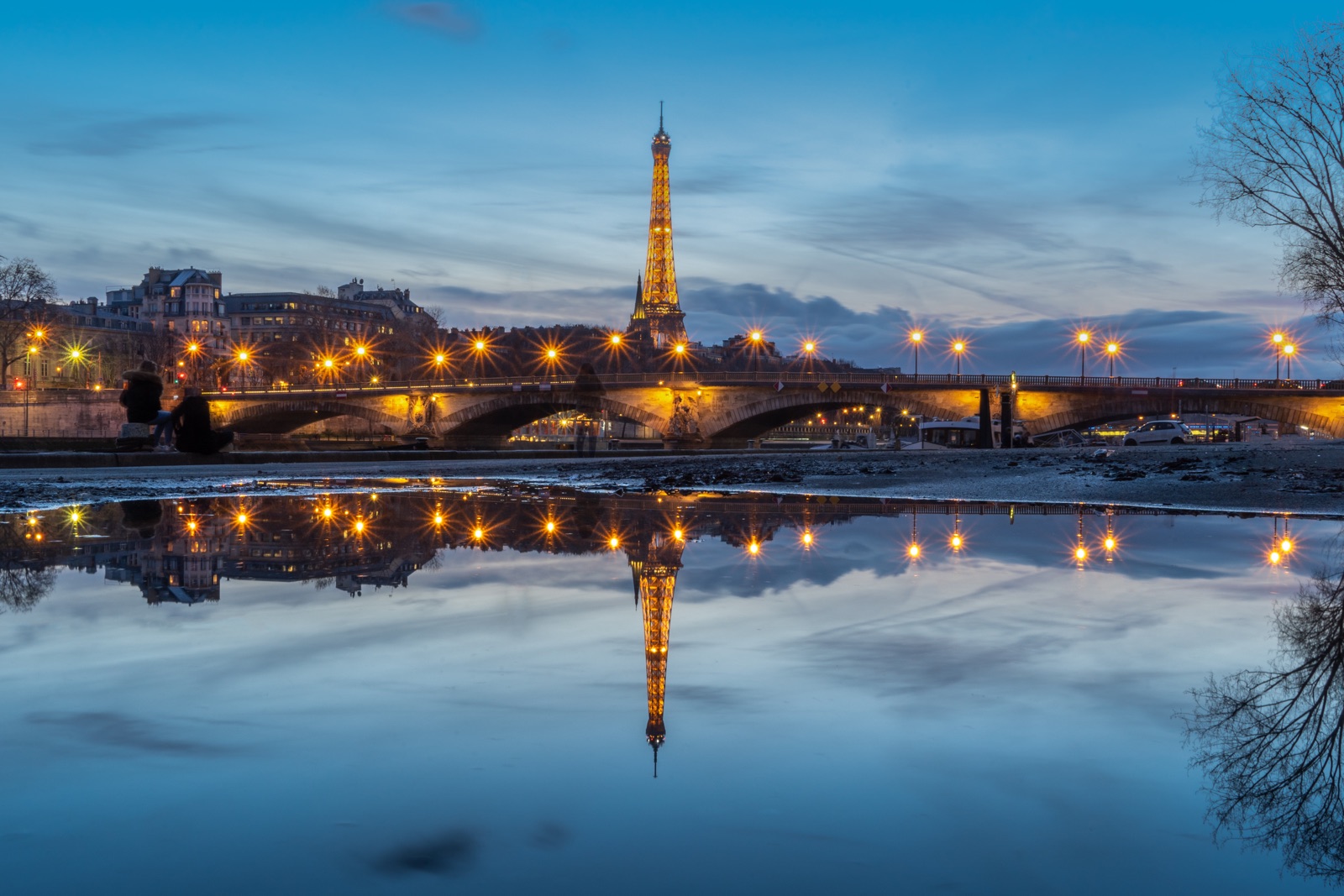 The Eiffel Tower and Pont des Invalides at dusk, reflected in still water