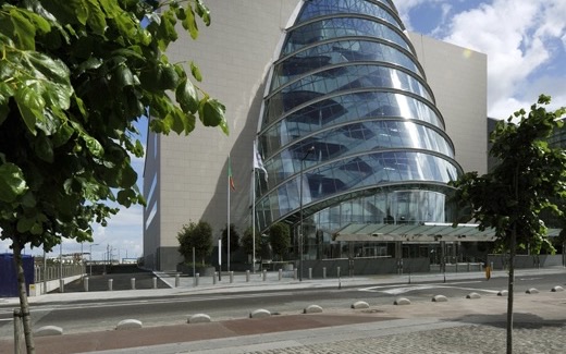 The tilted glass atrium of the Convention Centre Dublin