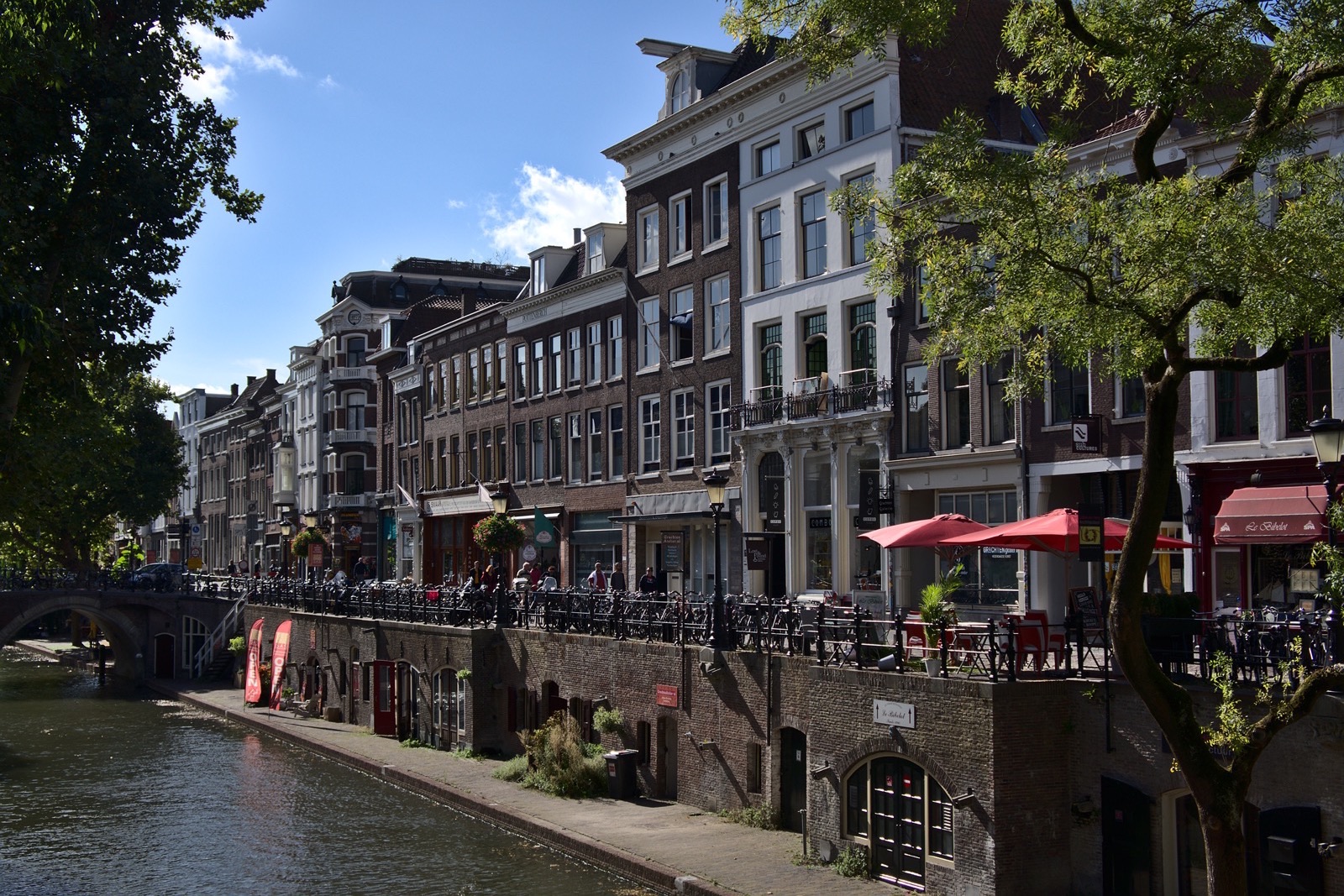 Historic canal-side houses and terraces along the Oudegracht in central Utrecht